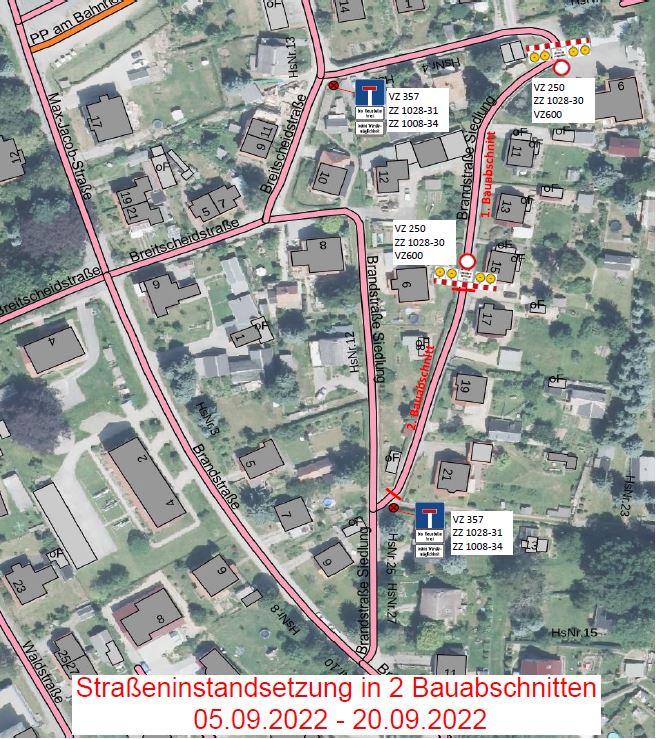 220906 Bandstraße Siedlung Karte mit Darstellung Lage Baubereich und Straßensperrung Brandstraße Siedlung